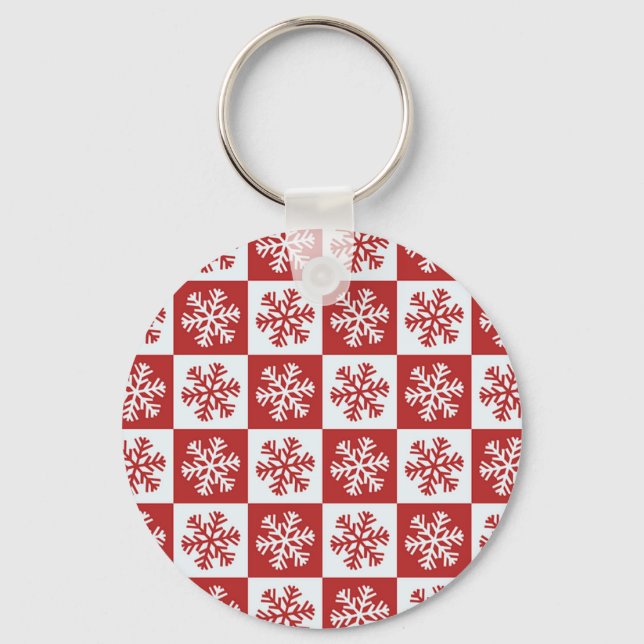 Red and White Checkered Snowflakes Keychain (Front)
