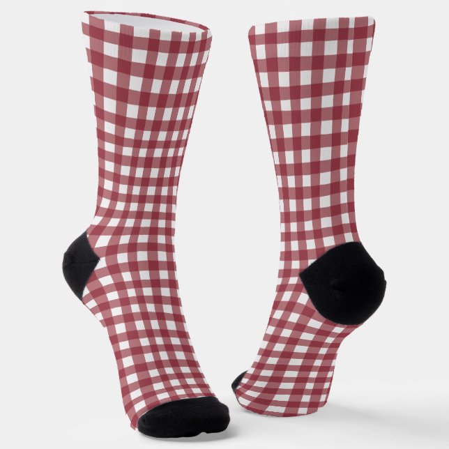Red and White Checkers Pattern Crew Socks (Angled)