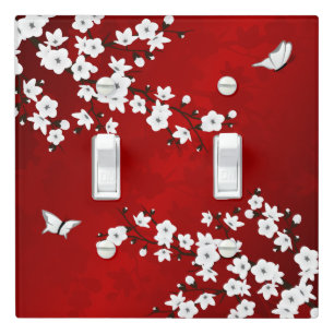 Red And White Cherry Blossom Butterflies Floral Light Switch Cover