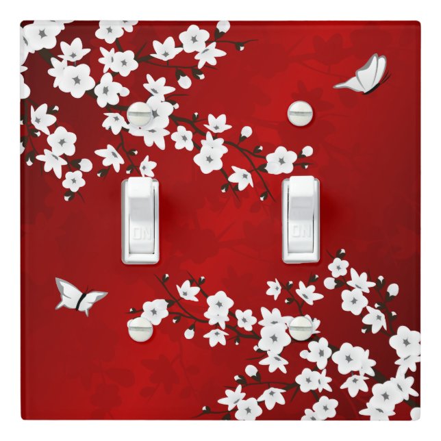 Red And White Cherry Blossom Butterflies Floral Light Switch Cover (In Situ)