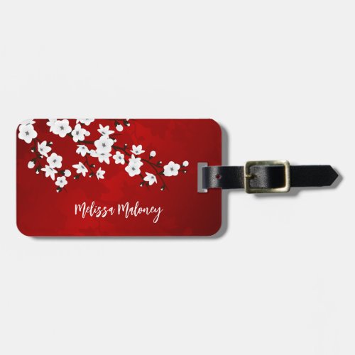 Red And White Cherry Blossom Floral Add Name Luggage Tag