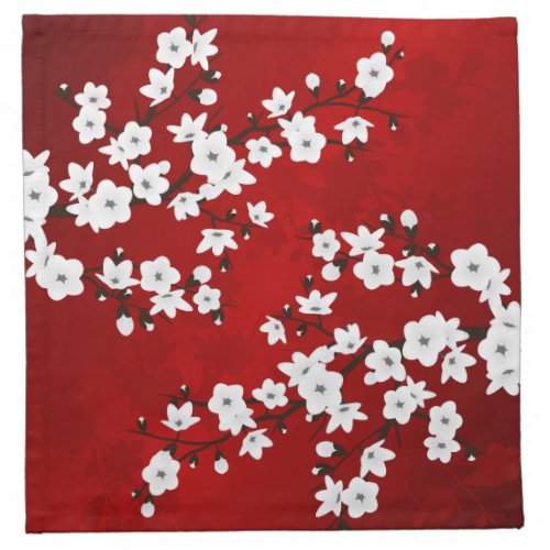 Red And White Cherry Blossom Floral Cloth Napkin