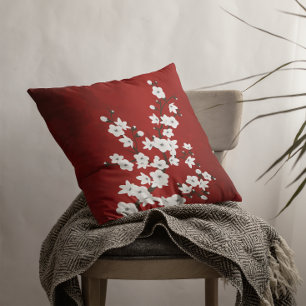 Red And White Cherry Blossom Floral Oriental Throw Pillow
