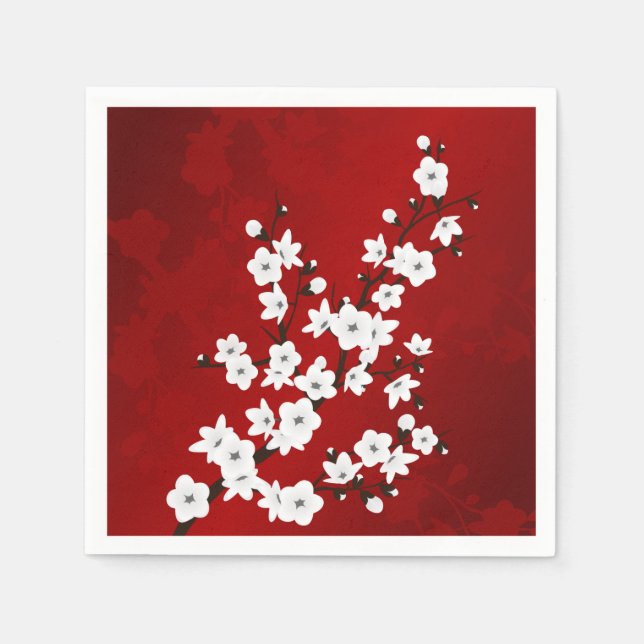 Red And White Cherry Blossoms Floral Napkins (Front)