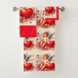 Red and White Cherub Angels Bath Towel Set