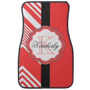 Red and White Chevron Monogram Car Floor Mat