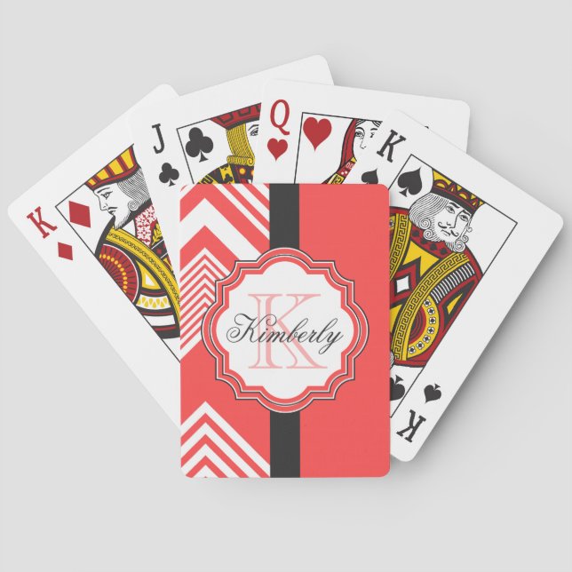 Red and White Chevron Monogram Poker Cards (Back)