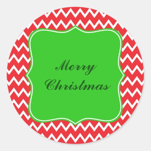 Red and White Chevron Pattern with Green Christmas Classic Round Sticker