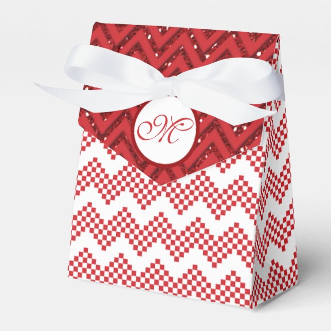 Red And White Chevron Wedding Favor Monogram Gift  Boxes (Front Side)