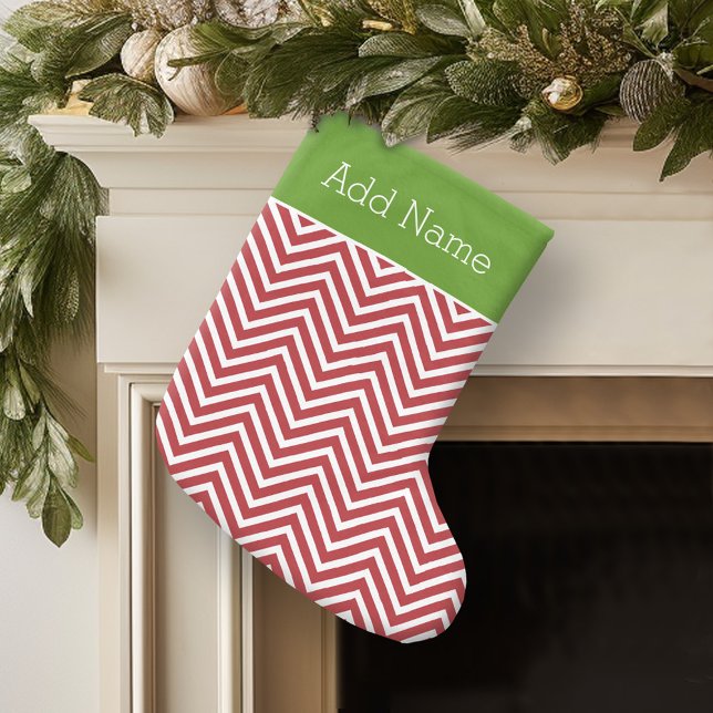 Red and White Chevrons Personalized Name Large Christmas Stocking (Personalized Christmas Stocking)