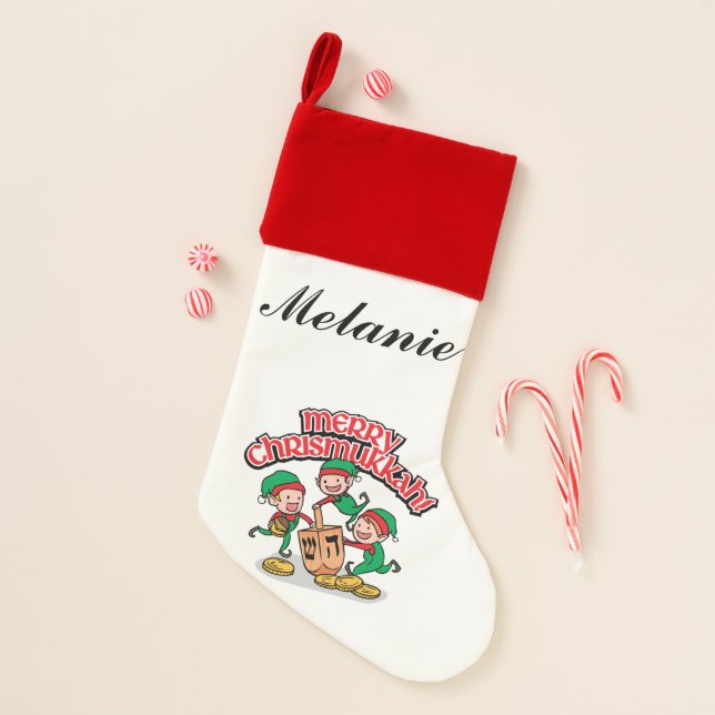 Red and White Chrismukkah Elves with Dreidel Christmas Stocking (Front)