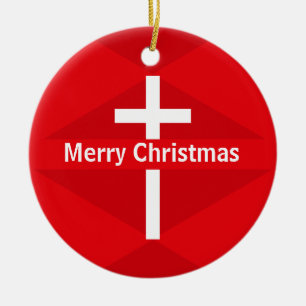 Red and White Christian Cross Merry Christmas Ceramic Ornament
