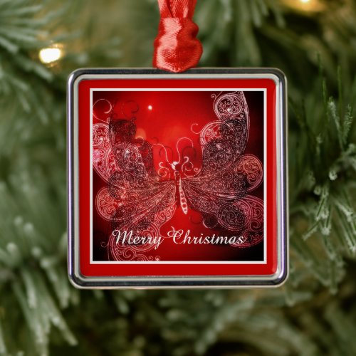 Red and white Christmas butterfly Metal Ornament