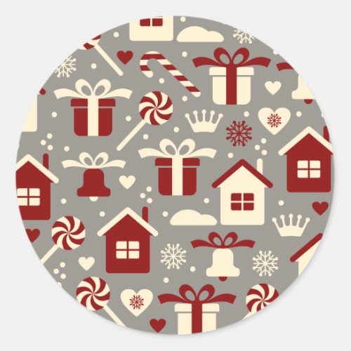 Red and White Christmas Candies and Gifts Pattern Classic Round Sticker