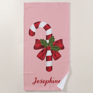 Red And White Christmas Candy Cane And Custom Name Beach Towel