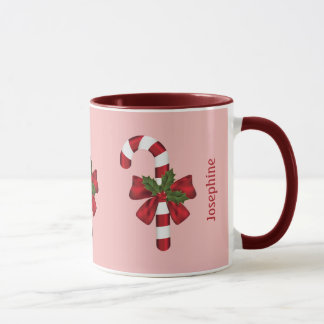 Red And White Christmas Candy Cane And Custom Name Mug