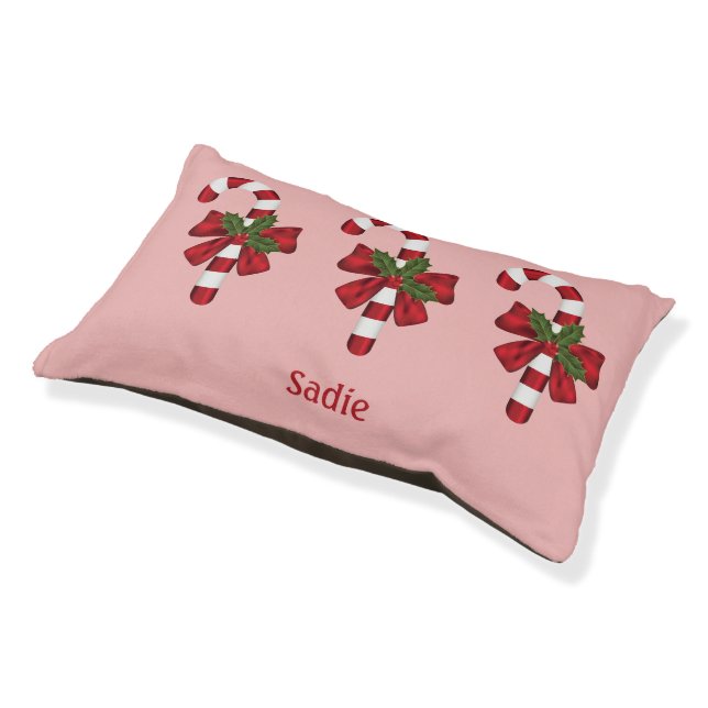 Red And White Christmas Candy Cane And Custom Name Pet Bed (Angled)