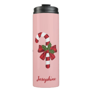 Red And White Christmas Candy Cane And Custom Name Thermal Tumbler