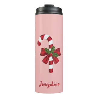 Red And White Christmas Candy Cane And Custom Name Thermal Tumbler
