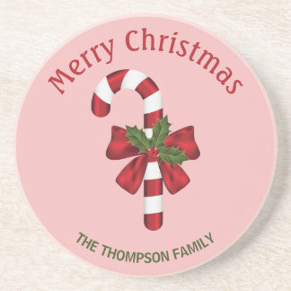 Red And White Christmas Candy Cane And Custom Text Coaster