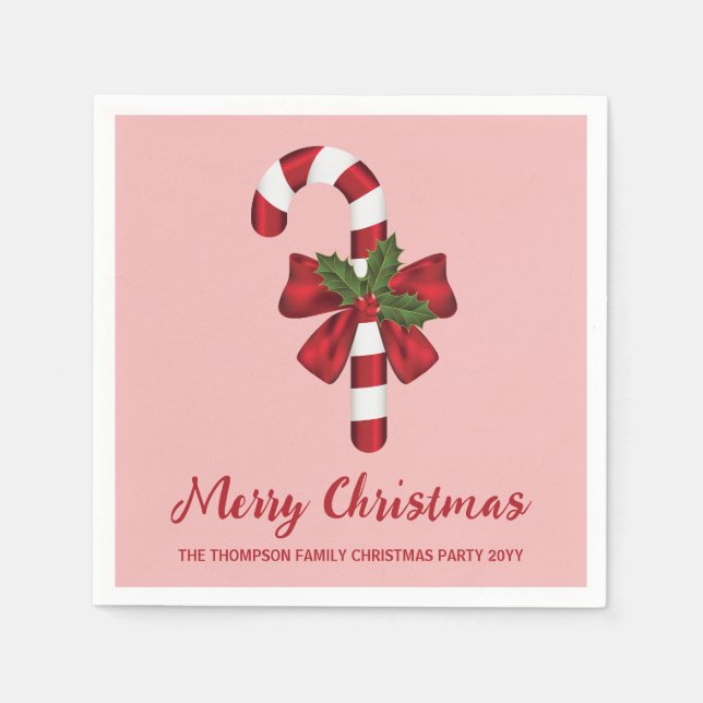 Red And White Christmas Candy Cane And Custom Text Napkins (Front)