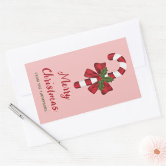Red And White Christmas Candy Cane And Custom Text Rectangular Sticker