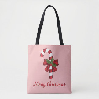 Red And White Christmas Candy Cane And Text Tote Bag