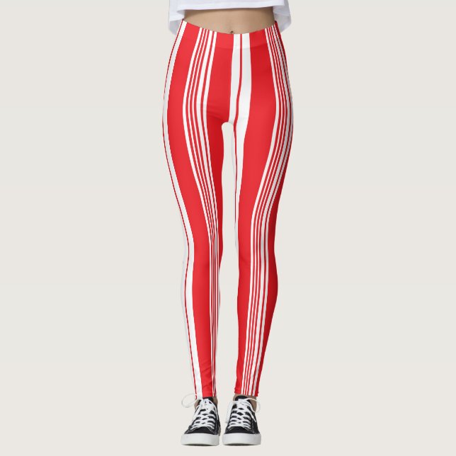 Red and White Christmas Candy Cane Bold Striped Leggings (Front)