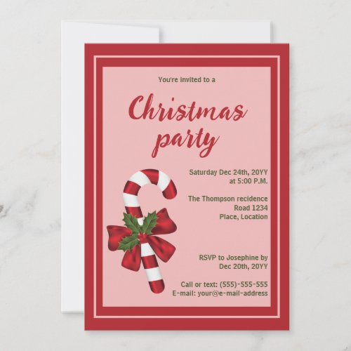 Red And White Christmas Candy Cane Holiday Party Invitation