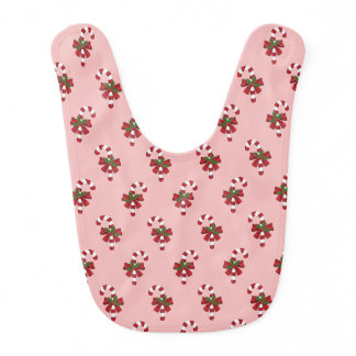 Red And White Christmas Candy Cane Pattern On Pink Baby Bib