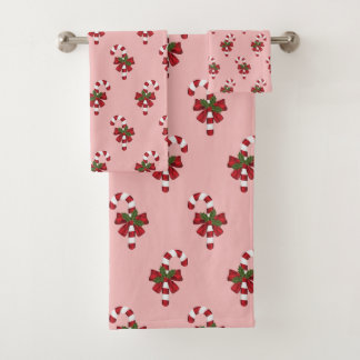 Red And White Christmas Candy Cane Pattern On Pink Bath Towel Set