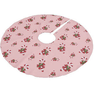 Red And White Christmas Candy Cane Pattern On Pink Brushed Polyester Tree Skirt