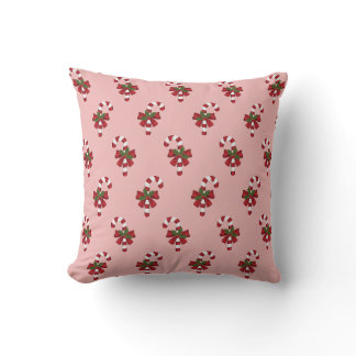 Red And White Christmas Candy Cane Pattern On Pink Throw Pillow