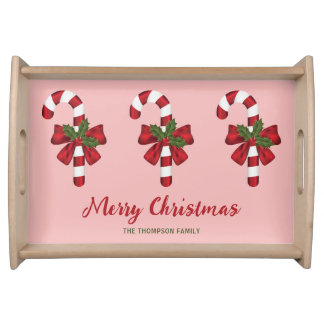 Red And White Christmas Candy Canes &amp; Custom Text Serving Tray