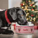 Red And White Christmas Candy Canes Festive Pink Bowl<br><div class="desc">Destei's original illustration of two red and white striped Christmas candy cane treats decorated with a red bow and a Christmas holly / Common holly plant. The design is placed a few times going around the bowl. There is also a personalizable text area for a name or other custom text....</div>