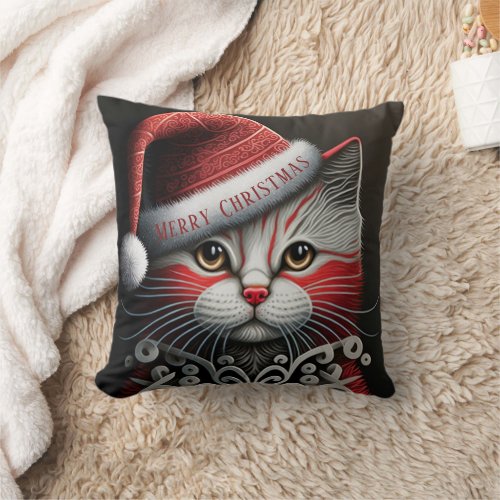 Red and White Christmas Cat Personalized Square Throw Pillow