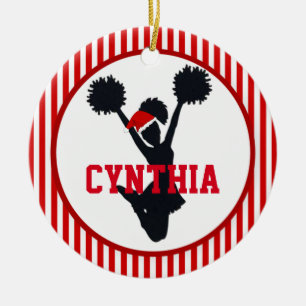 Red and White Christmas Cheerleader In Santa Hat Ceramic Ornament