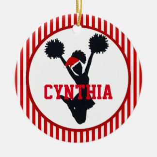 Red and White Christmas Cheerleader In Santa Hat Ceramic Ornament