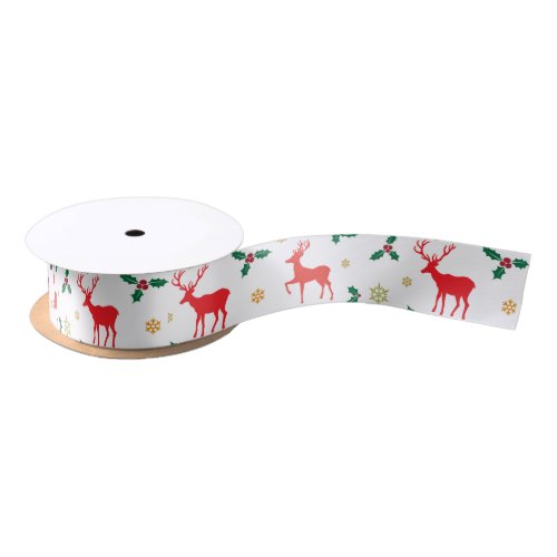 Red and White Christmas Deer 15 Inch Satin Ribbon