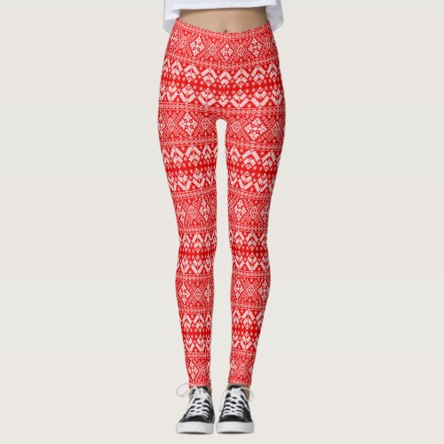 Red and White Christmas Fair Isle Pattern Leggings