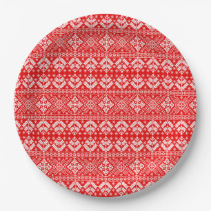 Red and White Christmas Fair Isle Pattern Paper Plates
