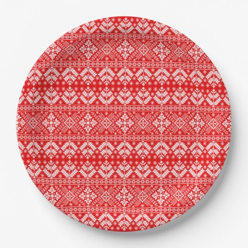 Red and White Christmas Fair Isle Pattern Paper Plates