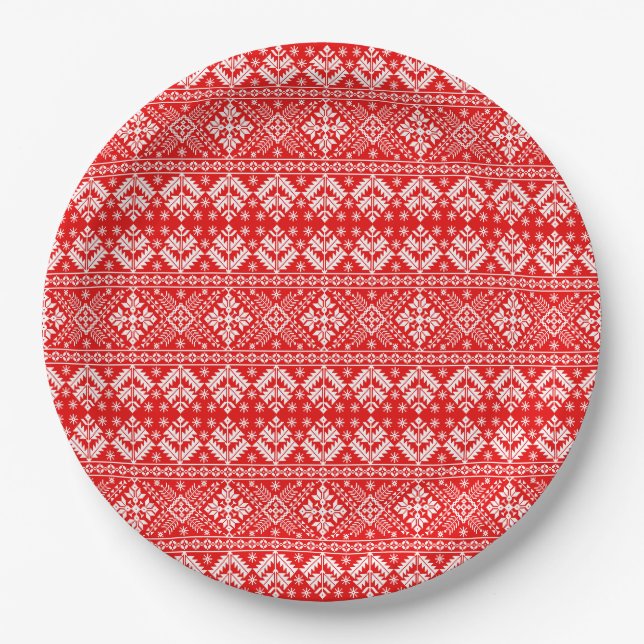 Red and White Christmas Fair Isle Pattern Paper Plates (Front)