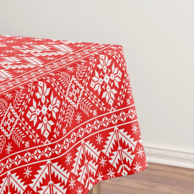 Red and White Christmas Fair Isle Pattern Tablecloth (In Situ)