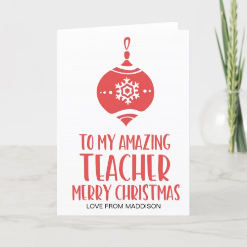 Red and White Christmas Gift for School Teacher Holiday Card