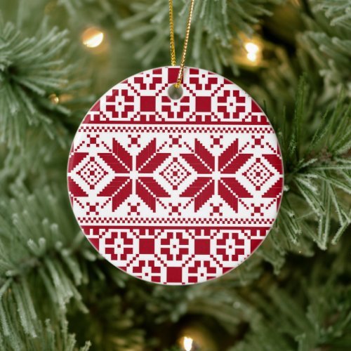 Red and White Christmas Knit Pattern Ceramic Ornament