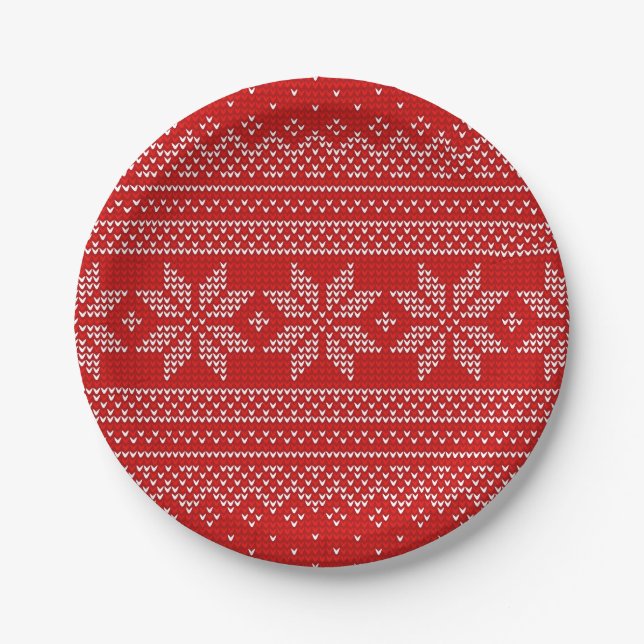 Red and White Christmas knitting pattern Paper Plates (Front)