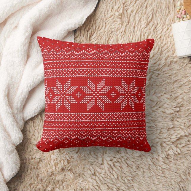 Red and White Christmas knitting pattern Throw Pillow (Blanket)