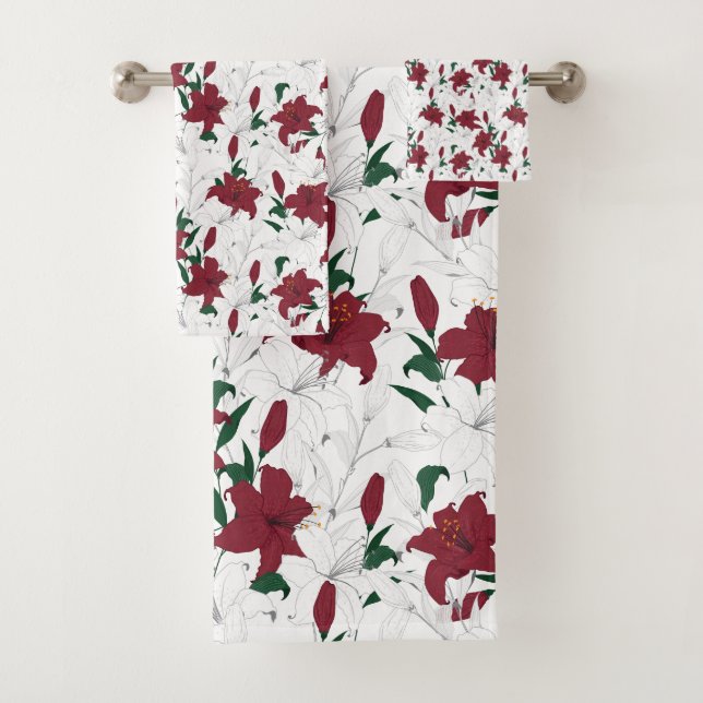 Red and White Christmas Lilies Bath Towel Set (Insitu)