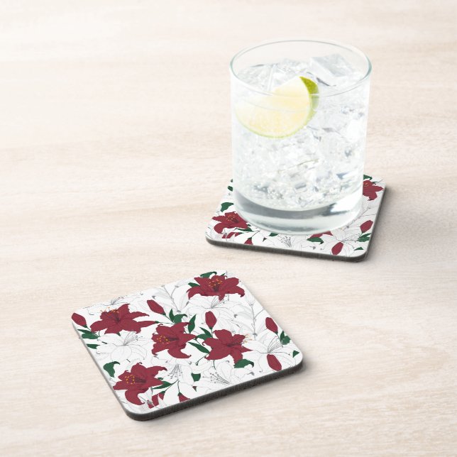 Red and White Christmas Lilies Beverage Coaster (Right Side)